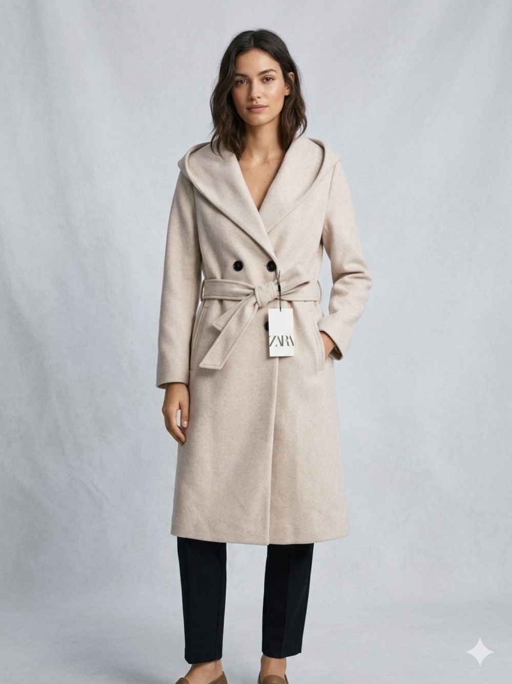 ZARA Cream Hooded Belted Coat